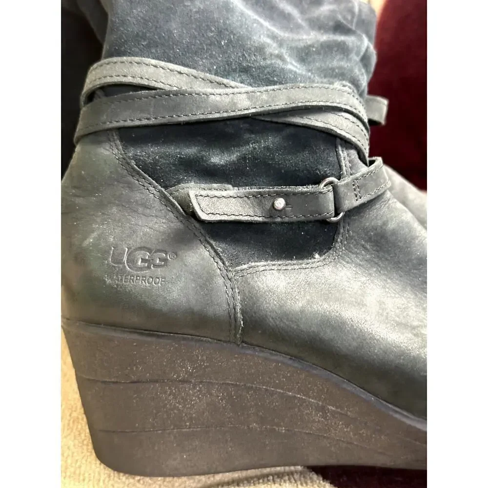 Ugg Black Wedge Knee High Waterproof Suede Boots Women's Size 8